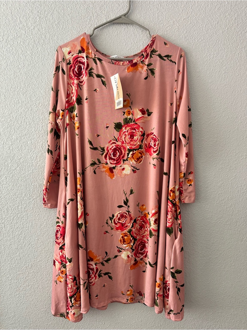 Honey & Lace Floral Swing Mini Dress in Dusty Rose - Long Sleeve NWT